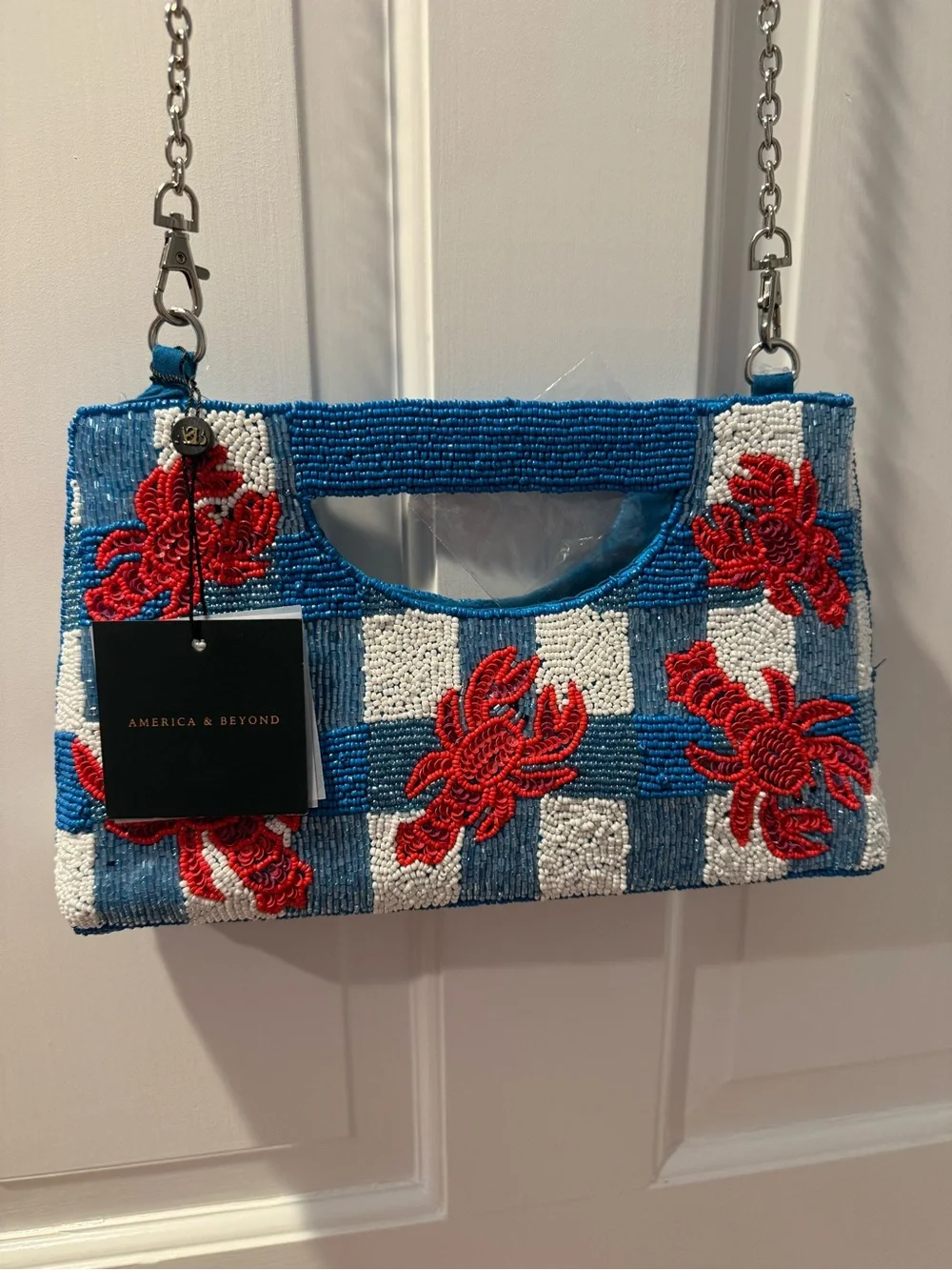 New- America & Beyond Blue Beaded Checkerboard Bag with Beaded Red Lobsters - Picture 4 of 4